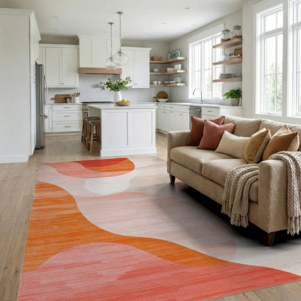 Coral Blush Abstract Wavy Rug - Living Room View