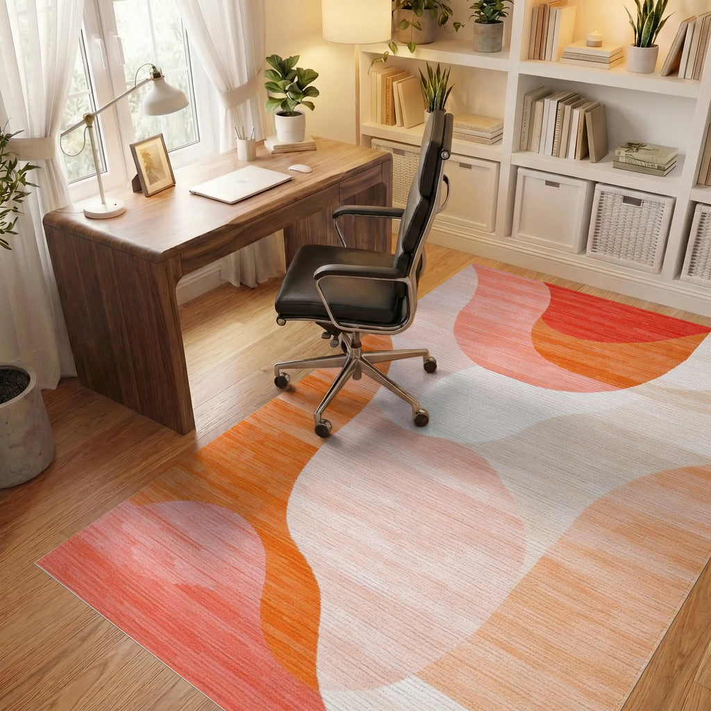 Coral Blush Abstract Wavy Rug - Office View