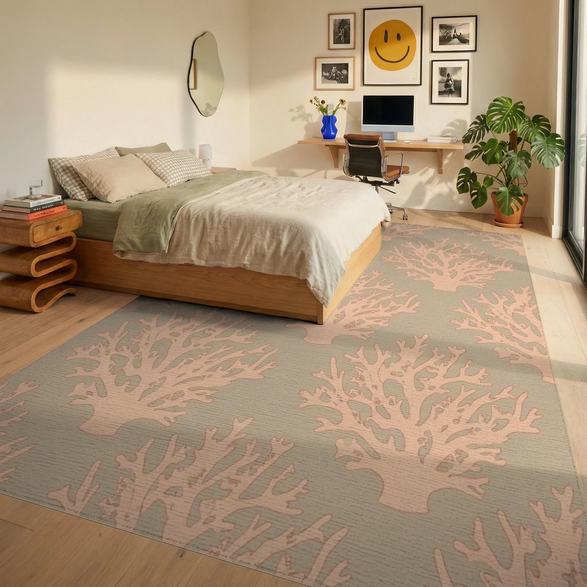 Coral Branch Peach and Tan Rug Bedroom View