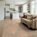 Coral Branch Peach and Tan Rug Living Room View