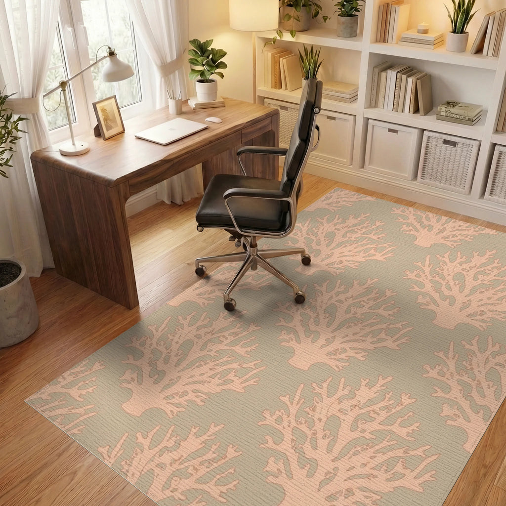 Coral Branch Peach and Tan Rug Office View
