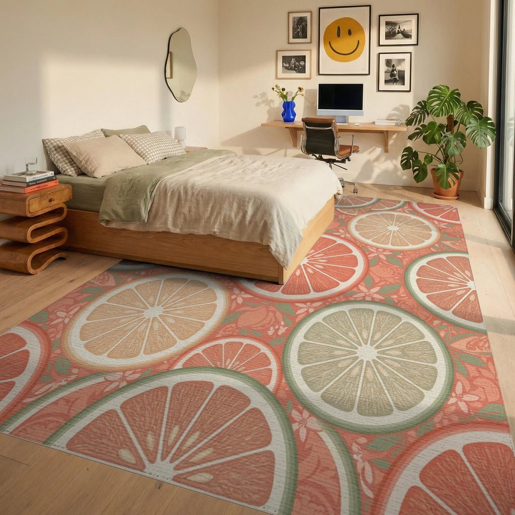 Coral Citrus Slice Botanical Arrangement Rug Bedroom View