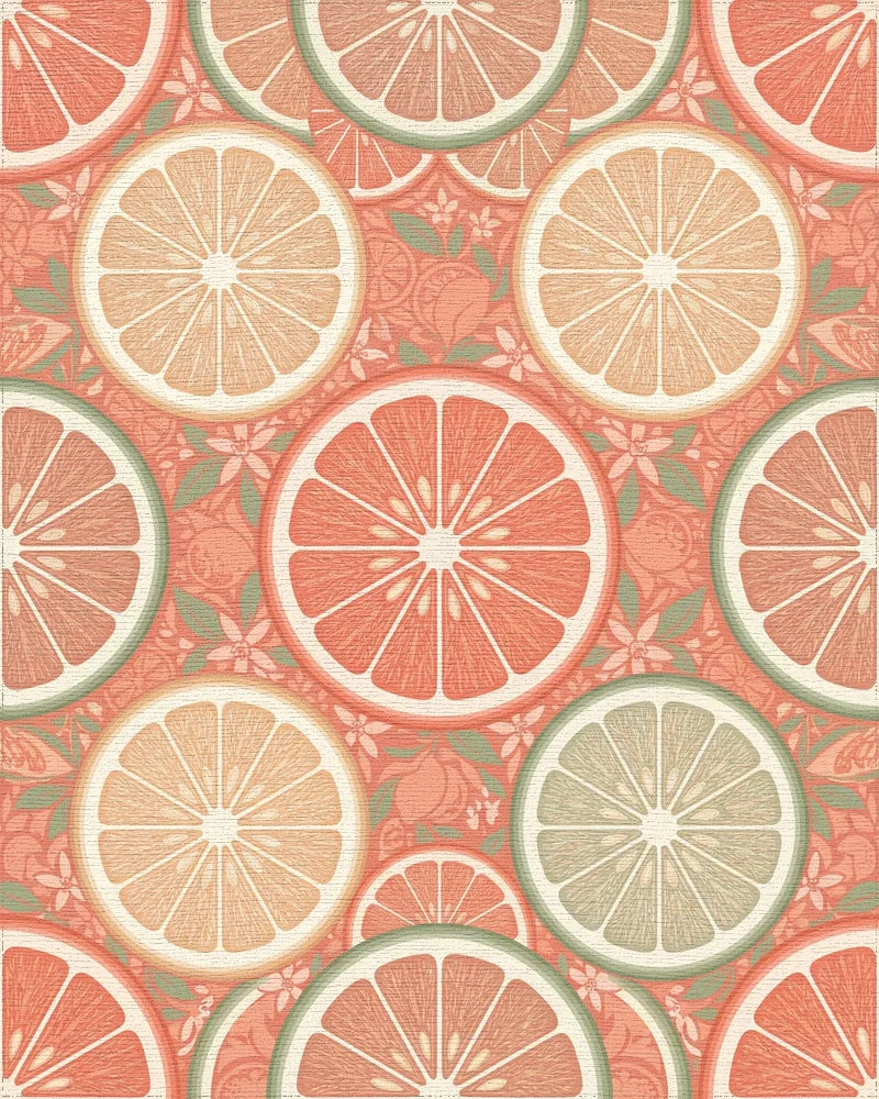Coral Citrus Slice Botanical Arrangement Rug - Cutout View