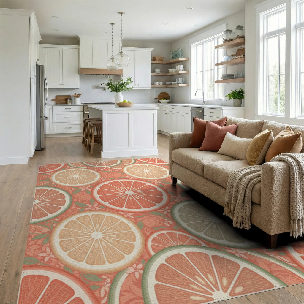 Coral Citrus Slice Botanical Arrangement Rug Living Room View
