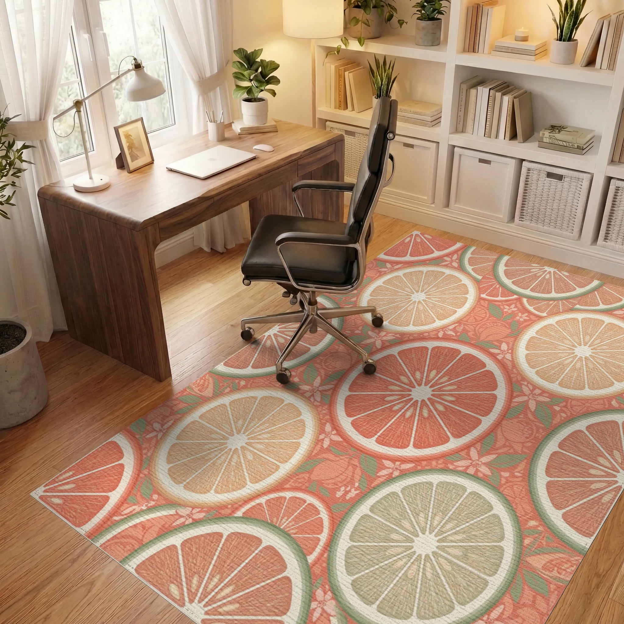 Coral Citrus Slice Botanical Arrangement Rug Office View