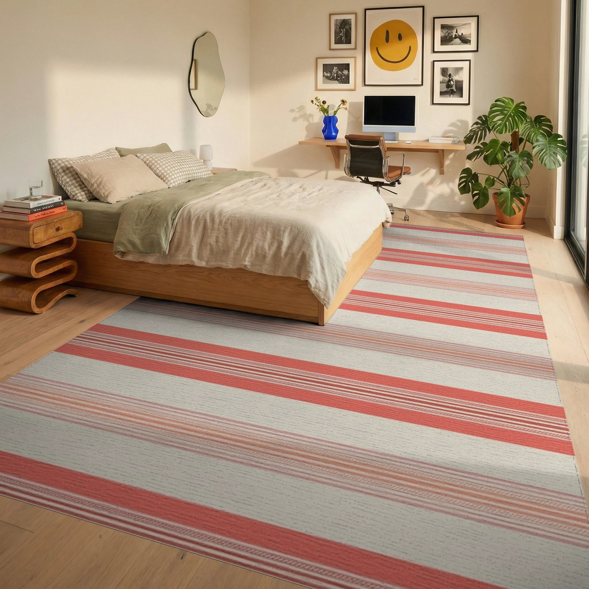 Coral Cream Thin Striped Rug Bedroom View