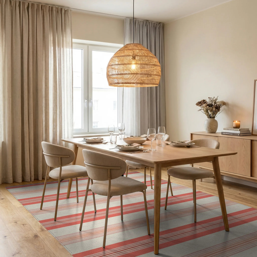 Coral Cream Thin Striped Rug Dining Room View