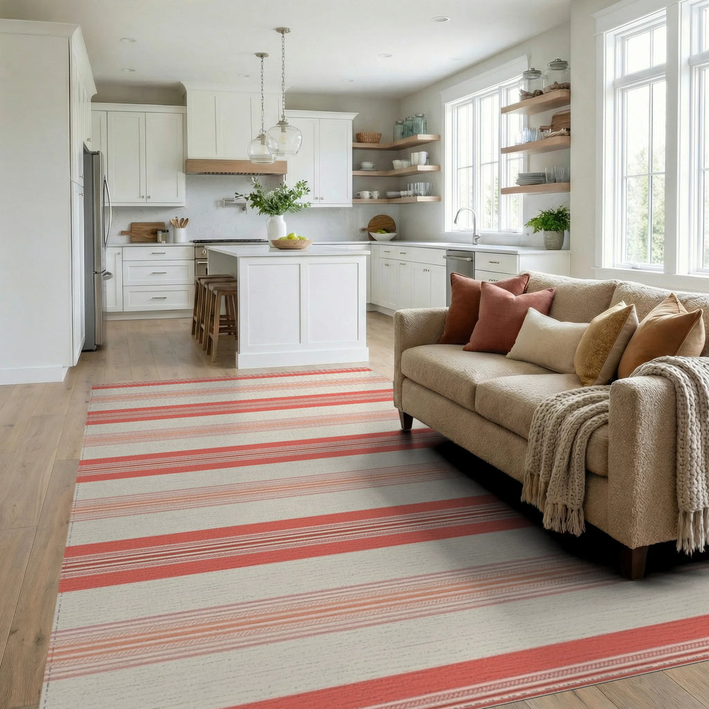 Coral Cream Thin Striped Rug Living Room View