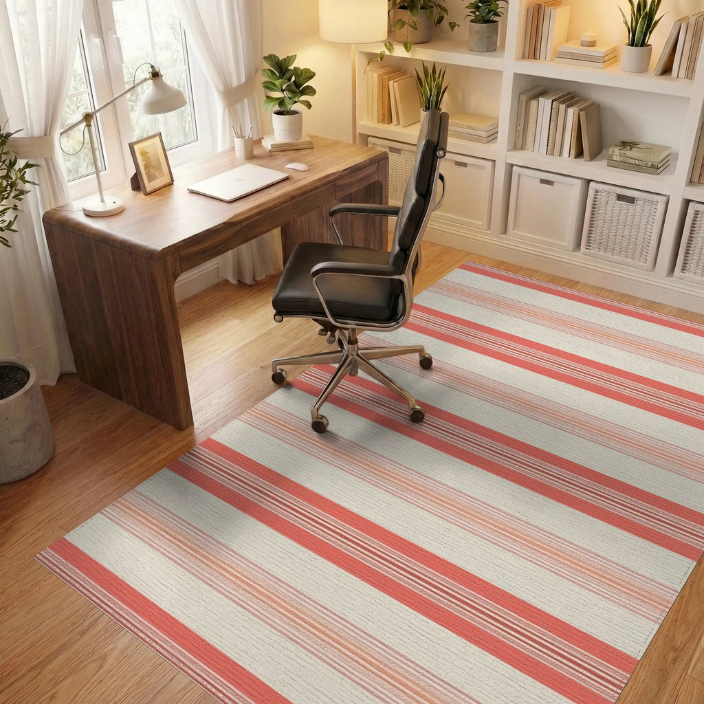 Coral Cream Thin Striped Rug Office View