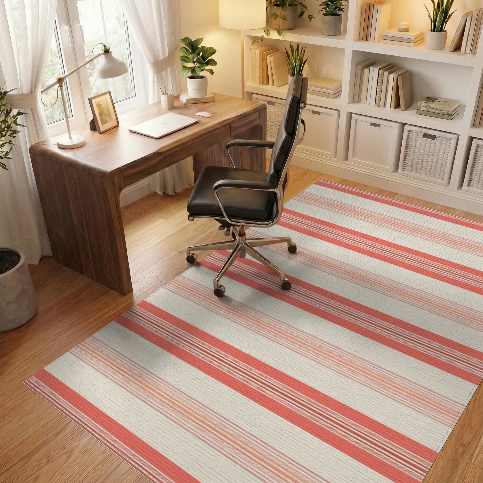 Coral Cream Thin Striped Rug Office View