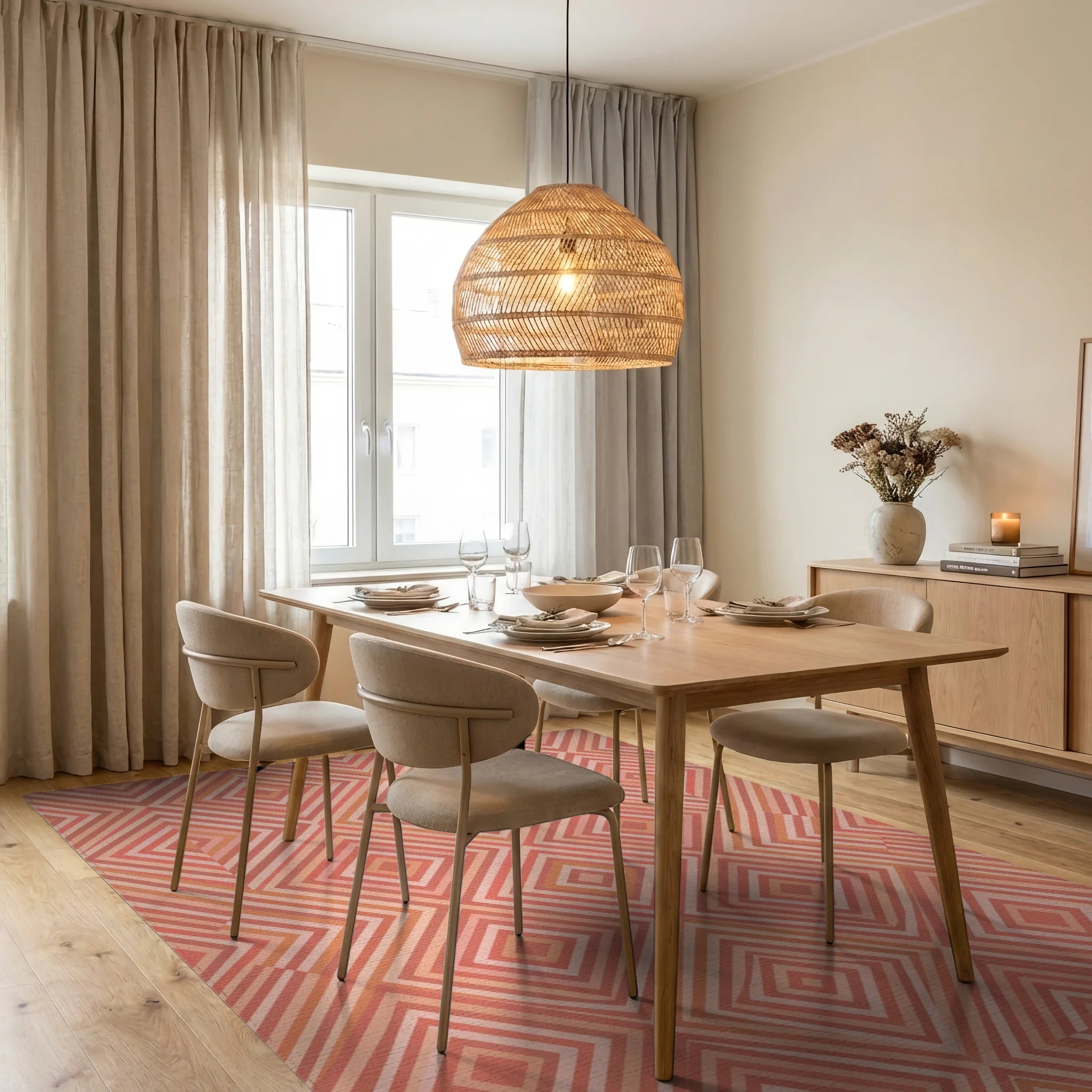 Coral Diamond Geometric Inlay Rug Dining Room View