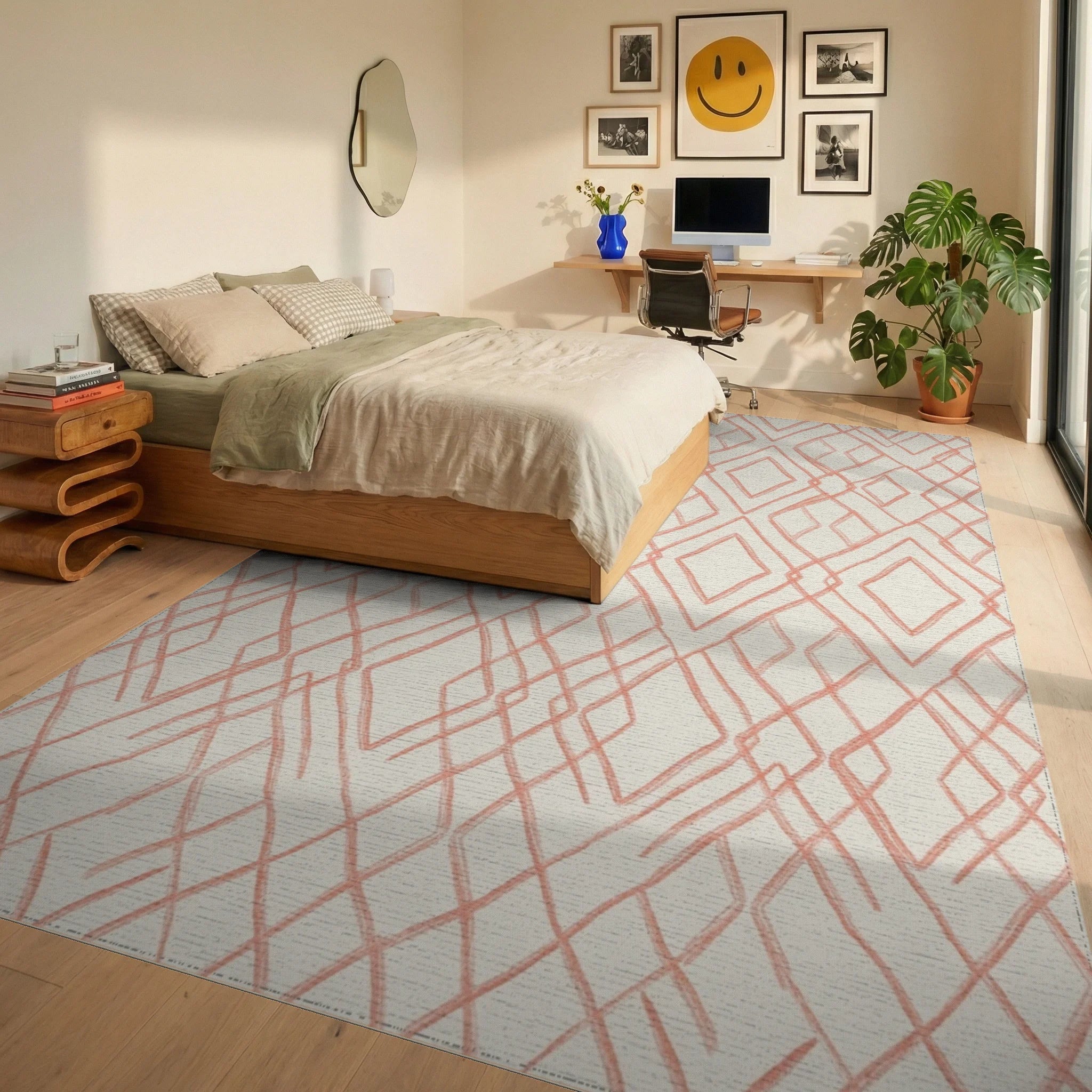 Coral Diamond Lattice Geometric Rug Bedroom View