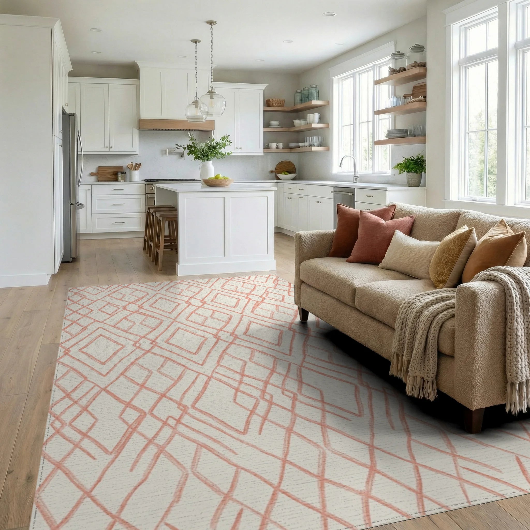 Coral Diamond Lattice Geometric Rug Living Room View