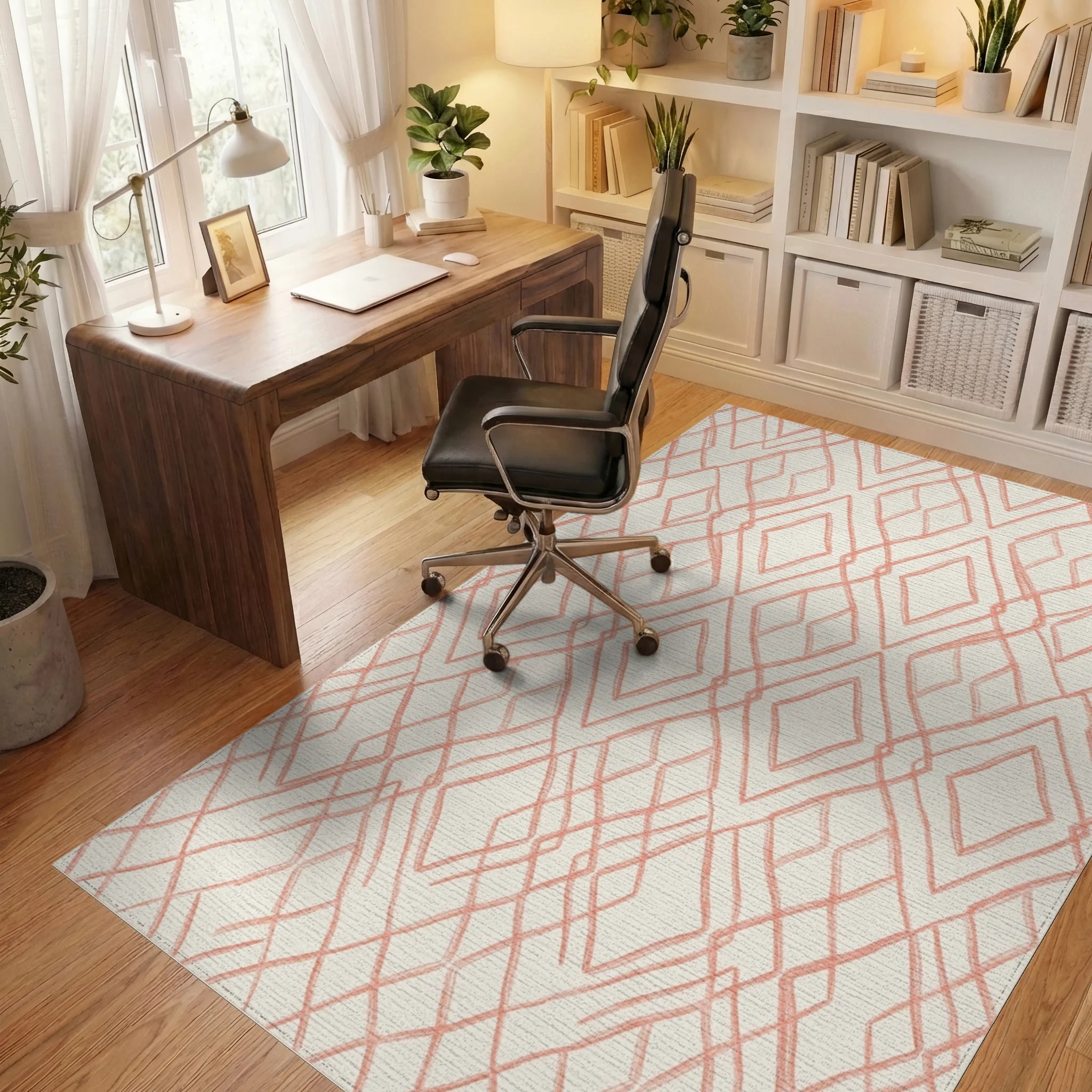 Coral Diamond Lattice Geometric Rug Office View