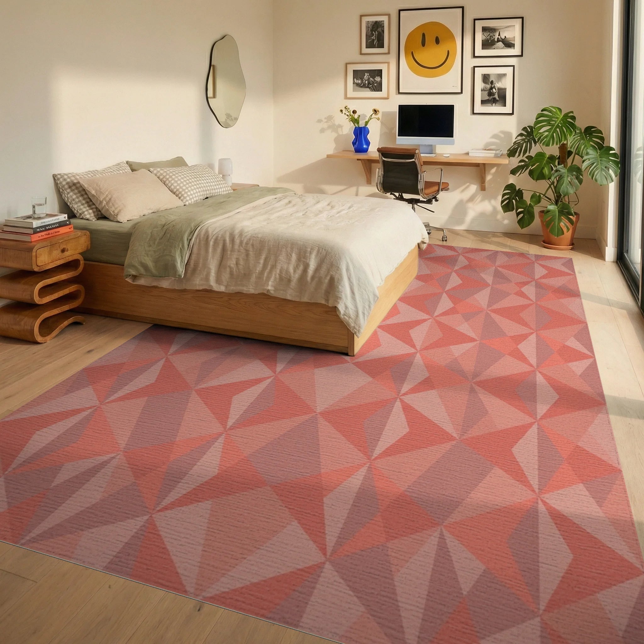 Coral Geometric Starburst Medallion Rug Bedroom View