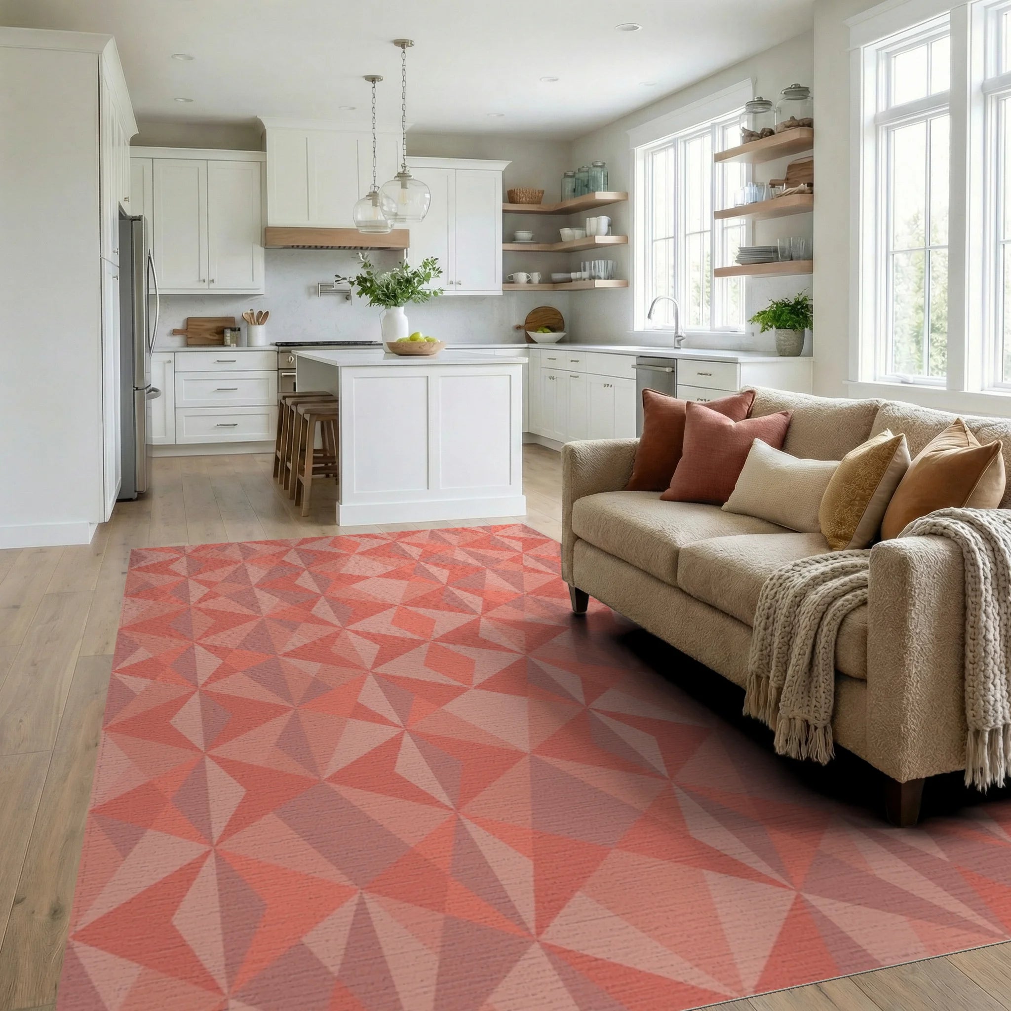 Coral Geometric Starburst Medallion Rug Living Room View