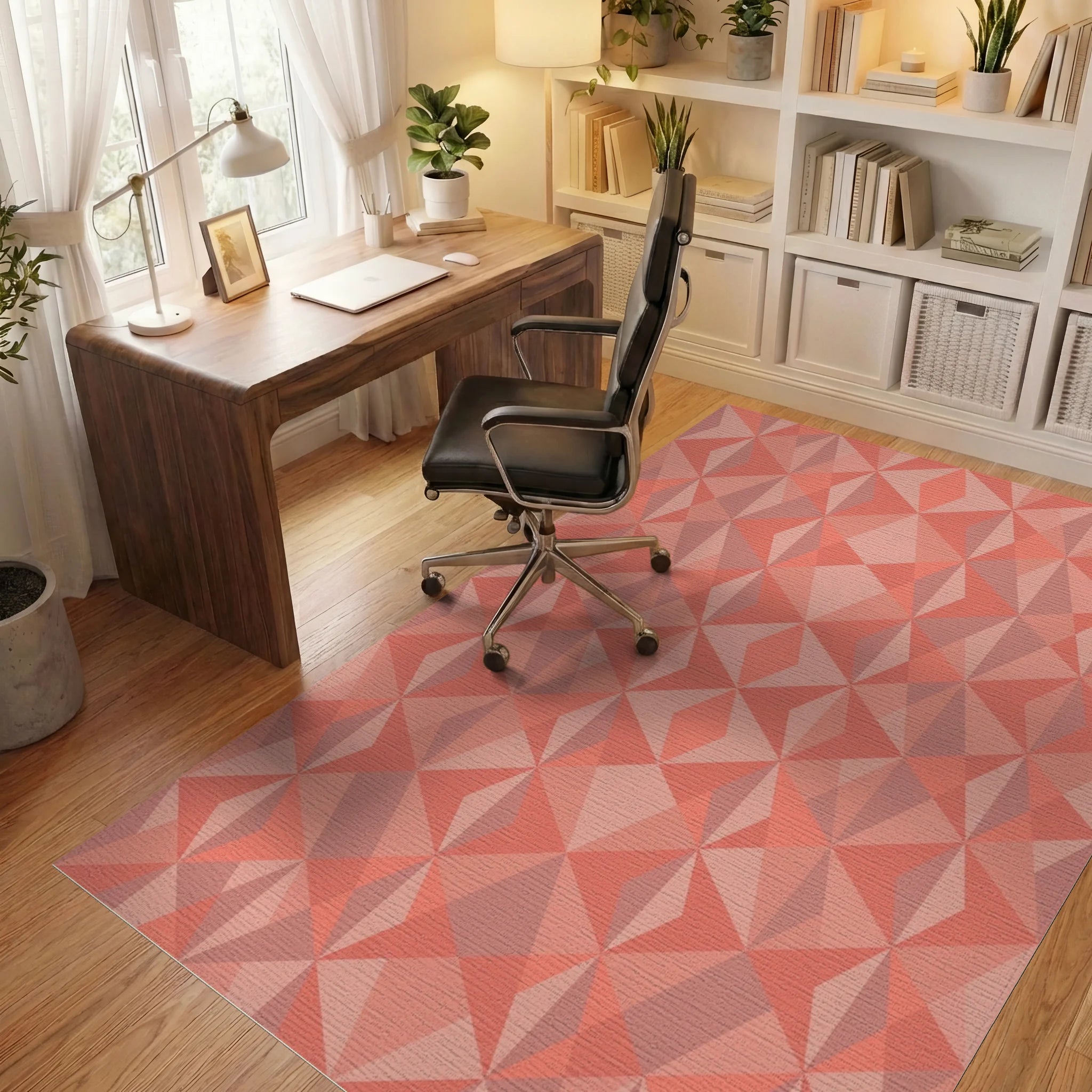 Coral Geometric Starburst Medallion Rug Office View