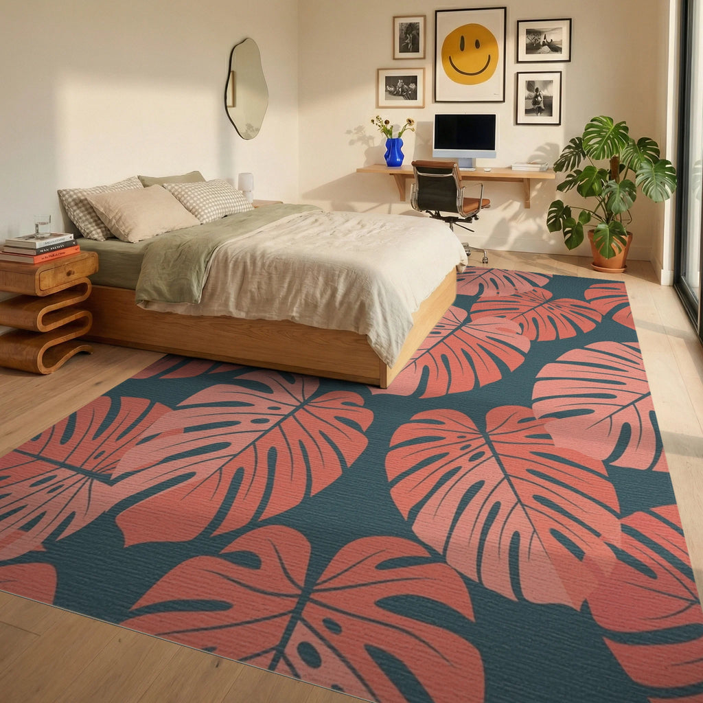 Coral Monstera Leaf Botanical Rug Bedroom View