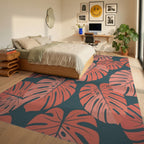 Coral Monstera Leaf Botanical Rug Bedroom View