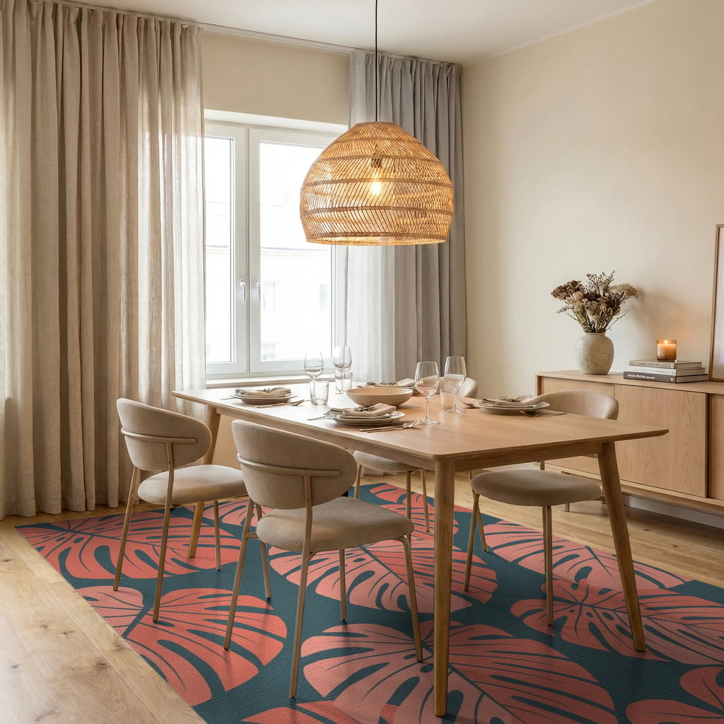 Coral Monstera Leaf Botanical Rug Dining Room View