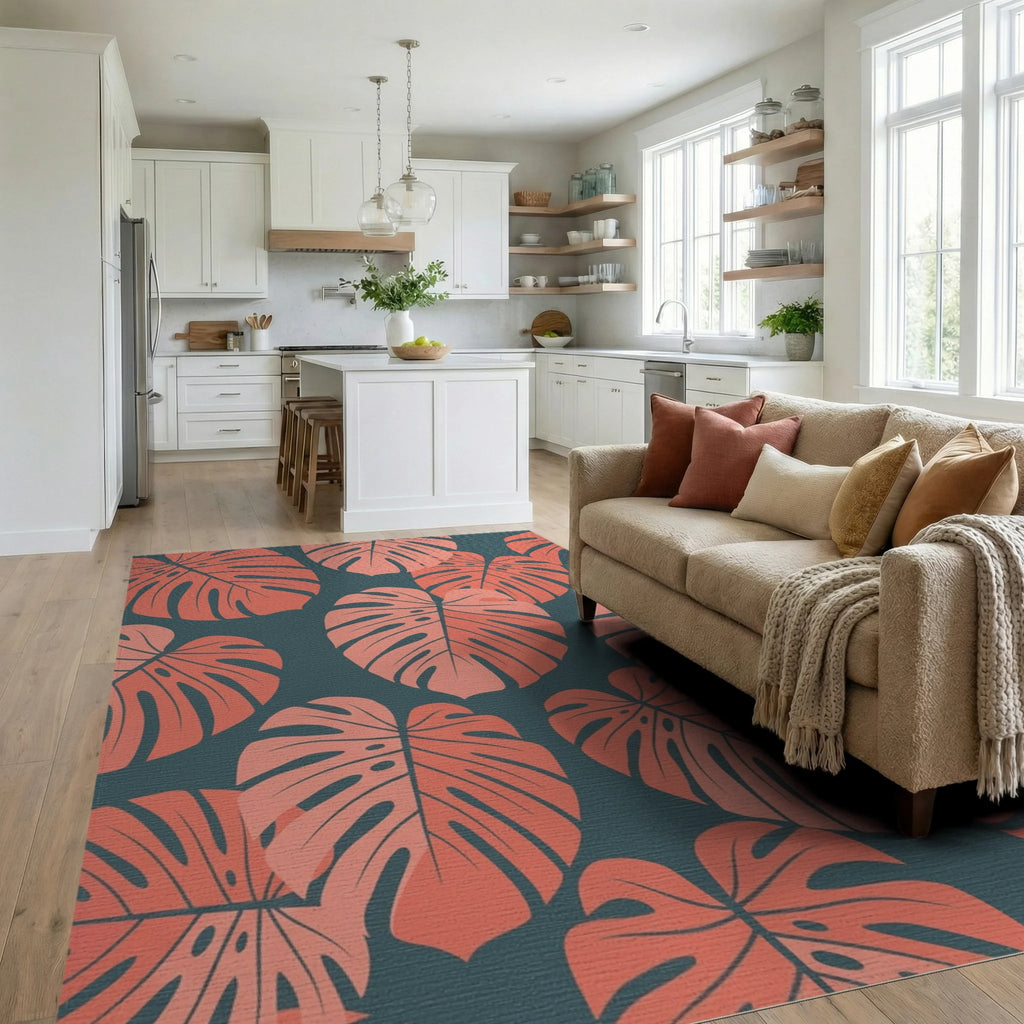 Coral Monstera Leaf Botanical Rug Living Room View