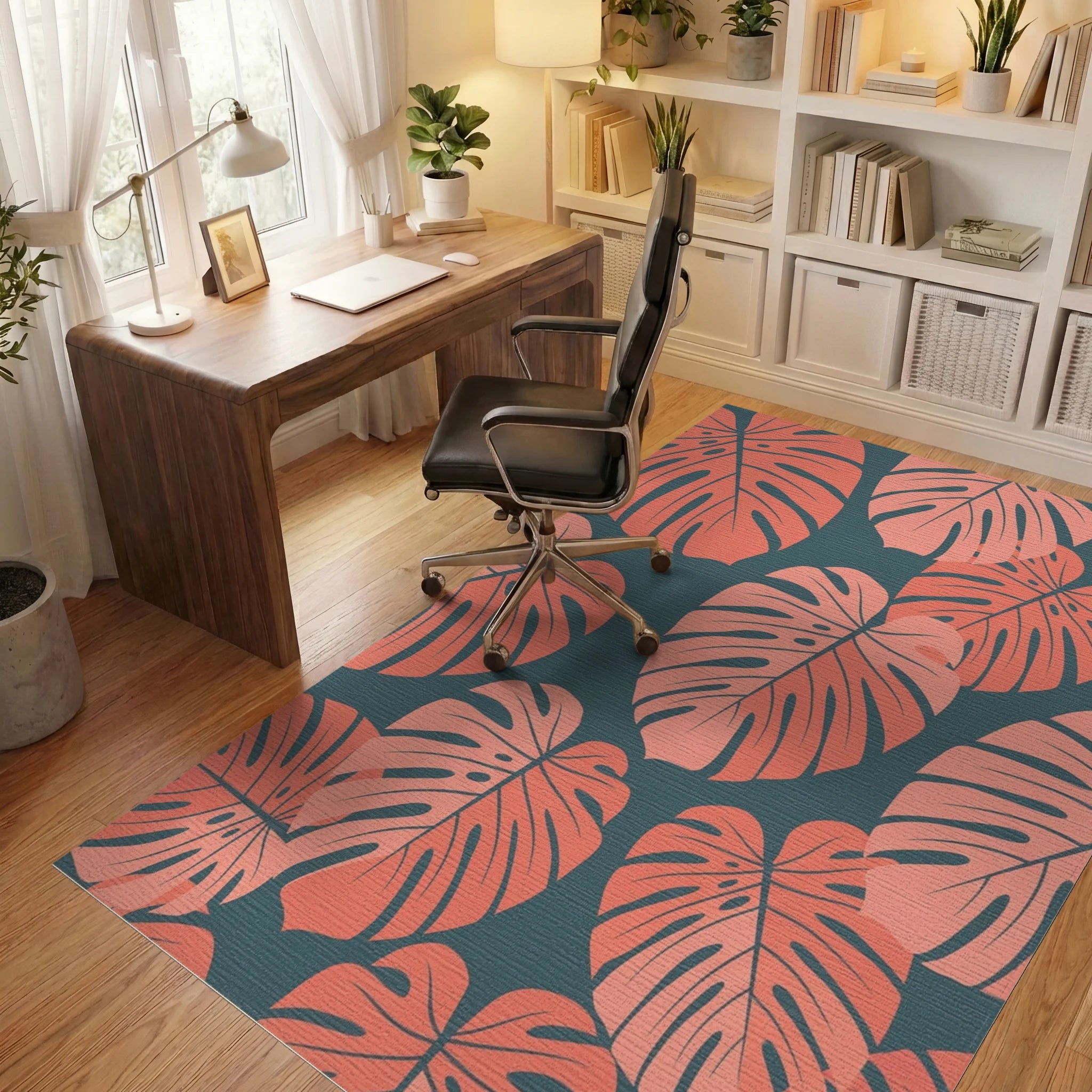 Coral Monstera Leaf Botanical Rug Office View