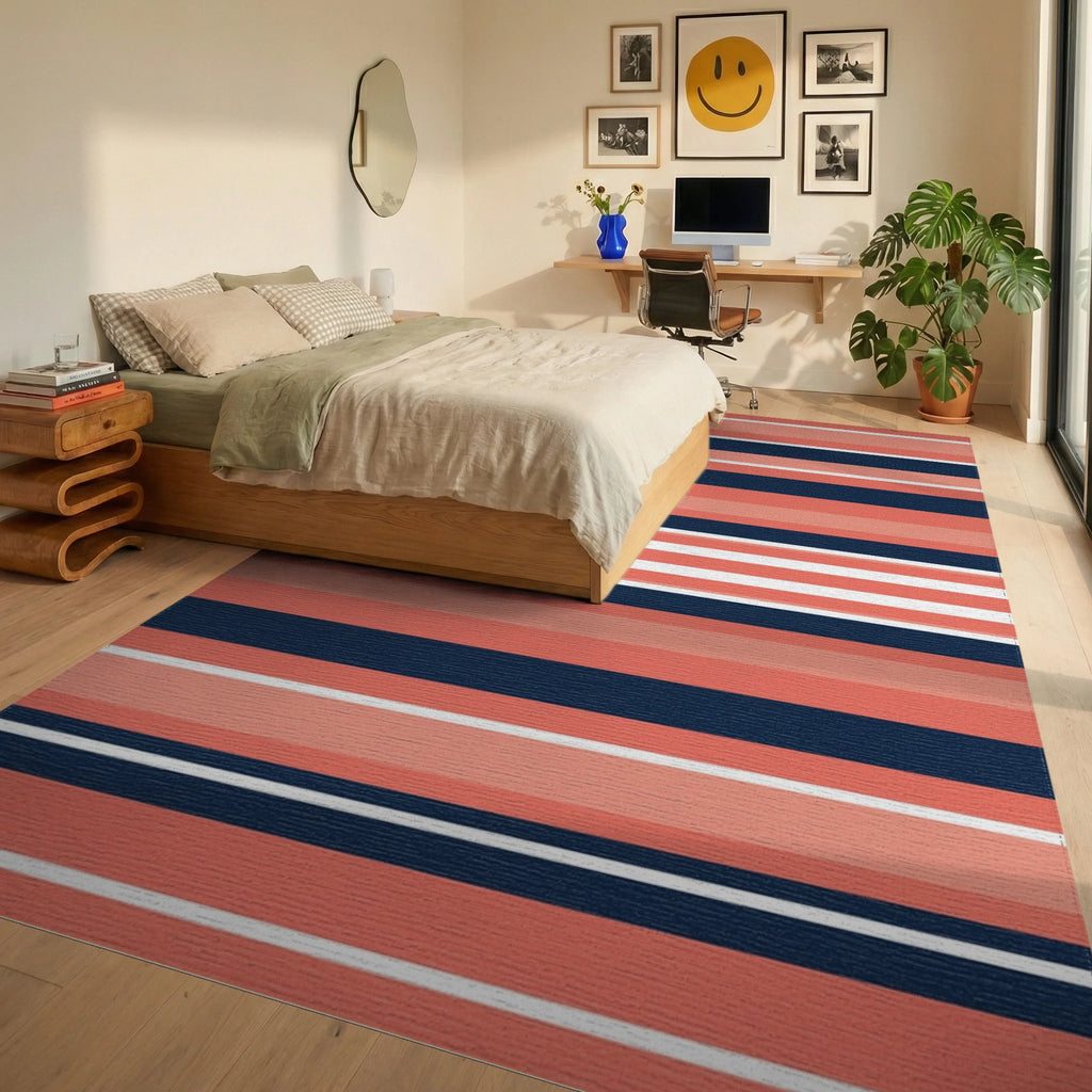 Coral Navy White Horizontal Stripe Rug Bedroom View