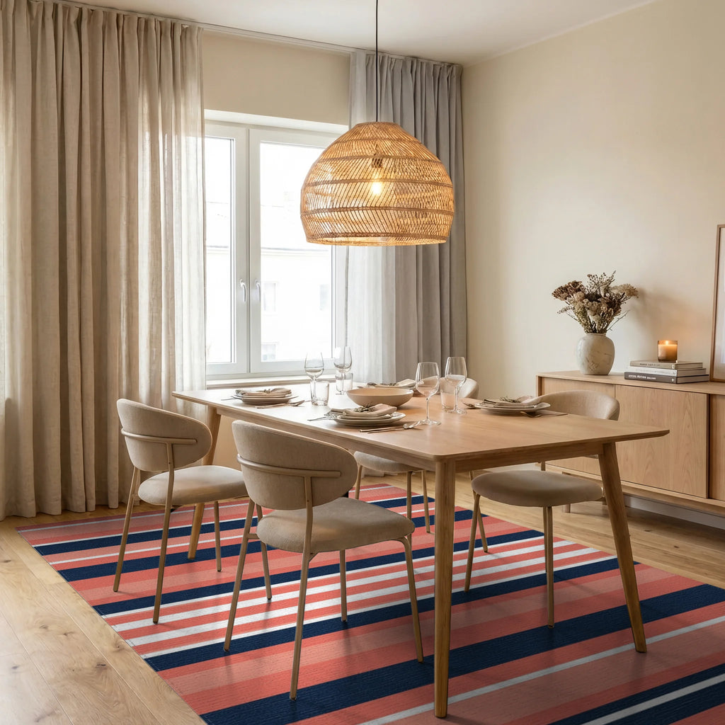 Coral Navy White Horizontal Stripe Rug Dining Room View