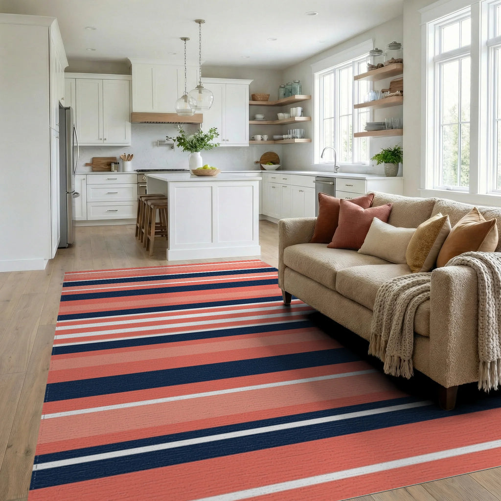 Coral Navy White Horizontal Stripe Rug Living Room View