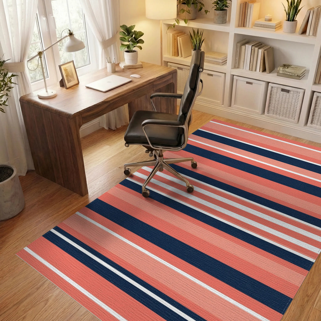 Coral Navy White Horizontal Stripe Rug Office View