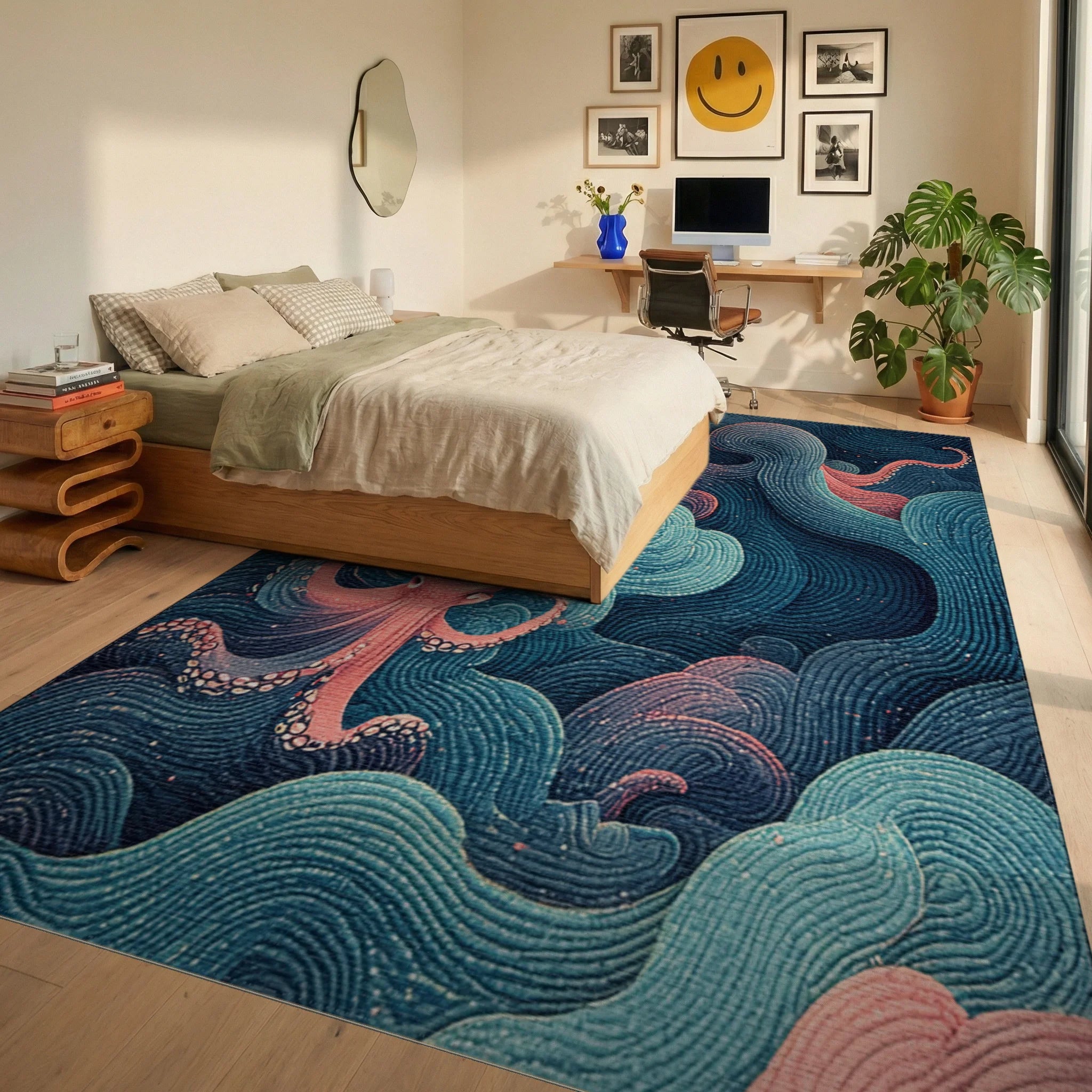 Coral Octopus Abstract Ocean Waves Rug Bedroom View