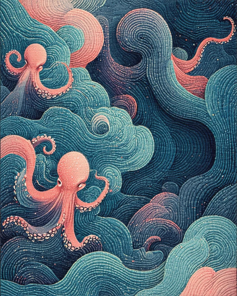 Coral Octopus Abstract Ocean Waves Rug - Cutout View