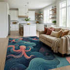 Coral Octopus Abstract Ocean Waves Rug Living Room View