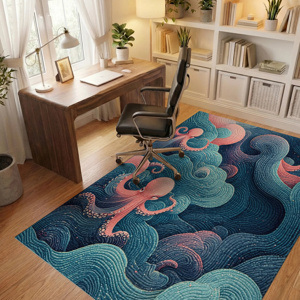 Coral Octopus Abstract Ocean Waves Rug Office View
