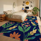 Coral Orange Floral Vine Garden Rug Bedroom View