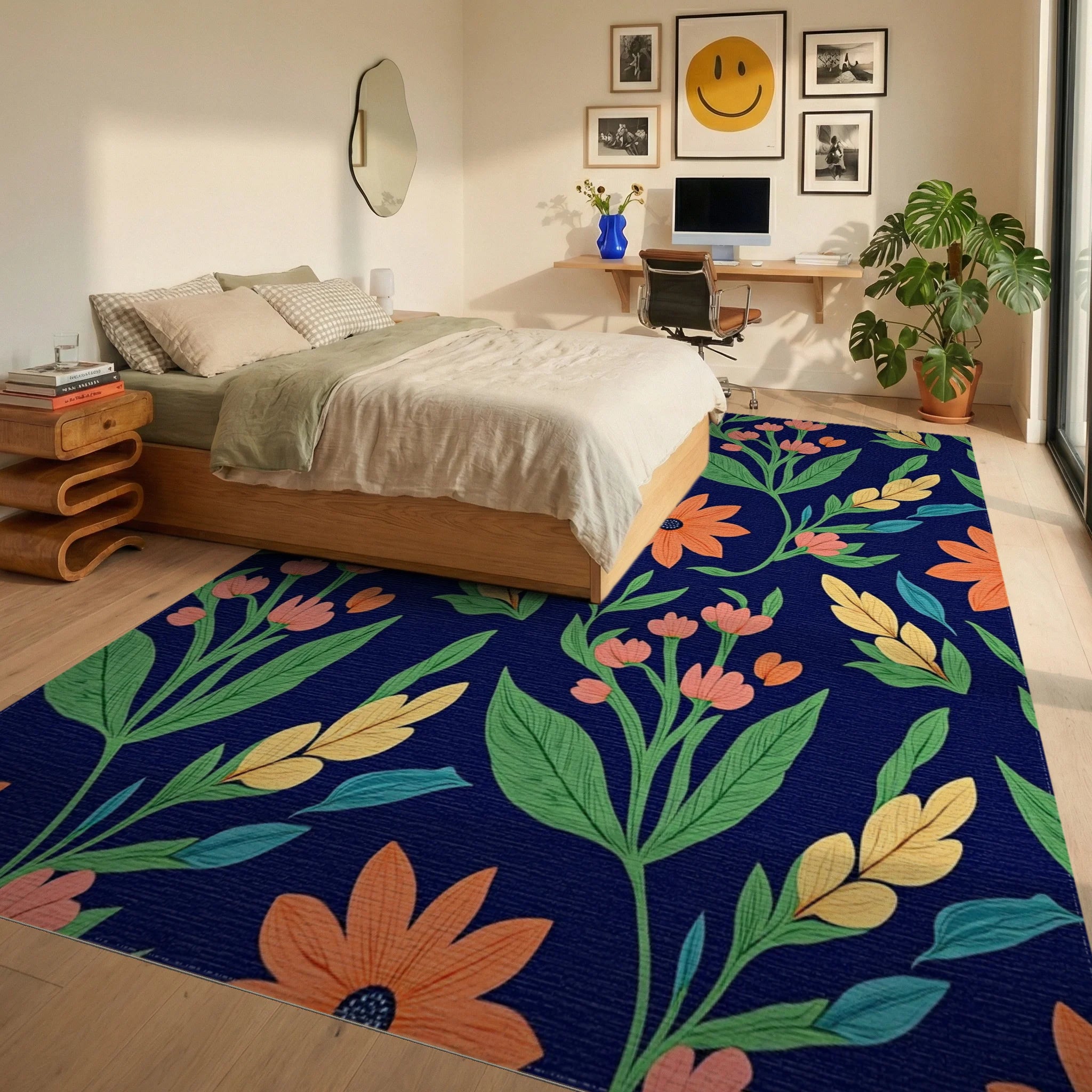 Coral Orange Floral Vine Garden Rug Bedroom View