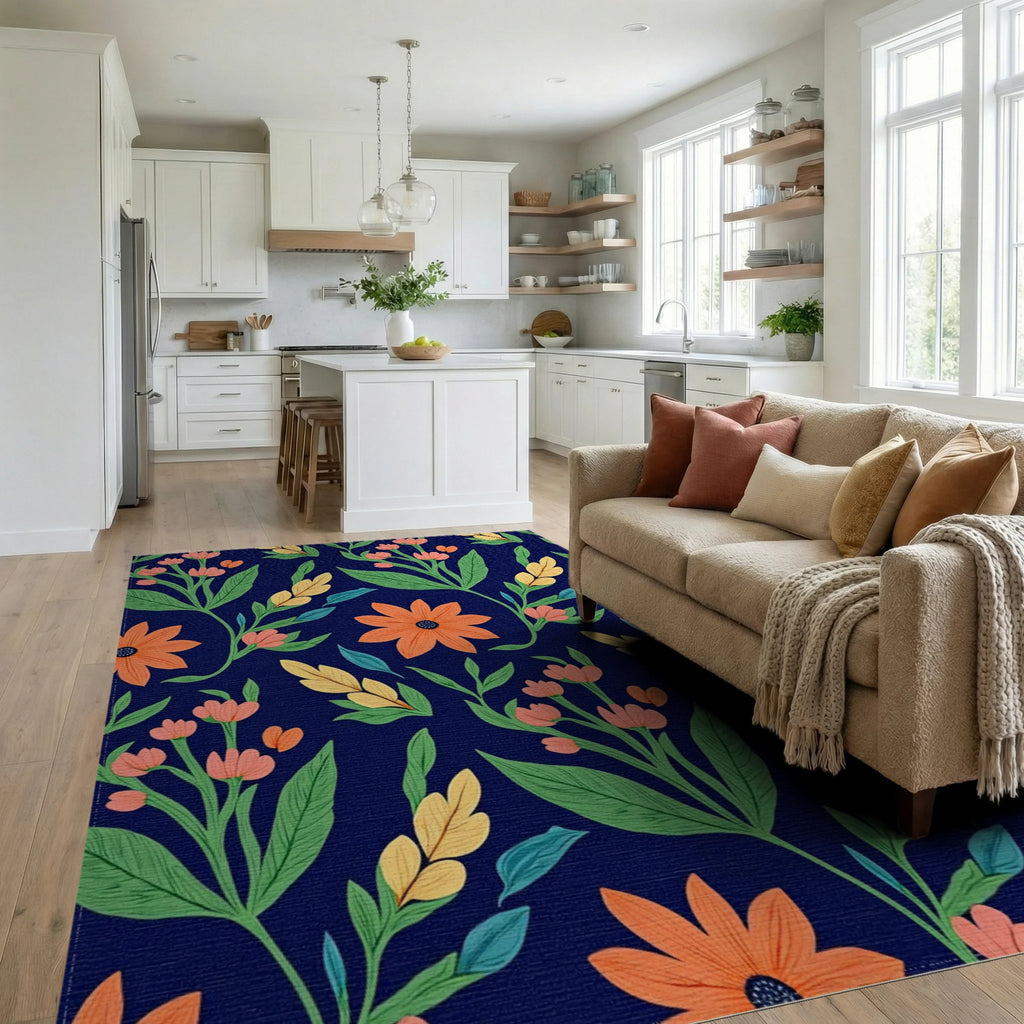 Coral Orange Floral Vine Garden Rug Living Room View
