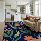 Coral Orange Floral Vine Garden Rug Living Room View