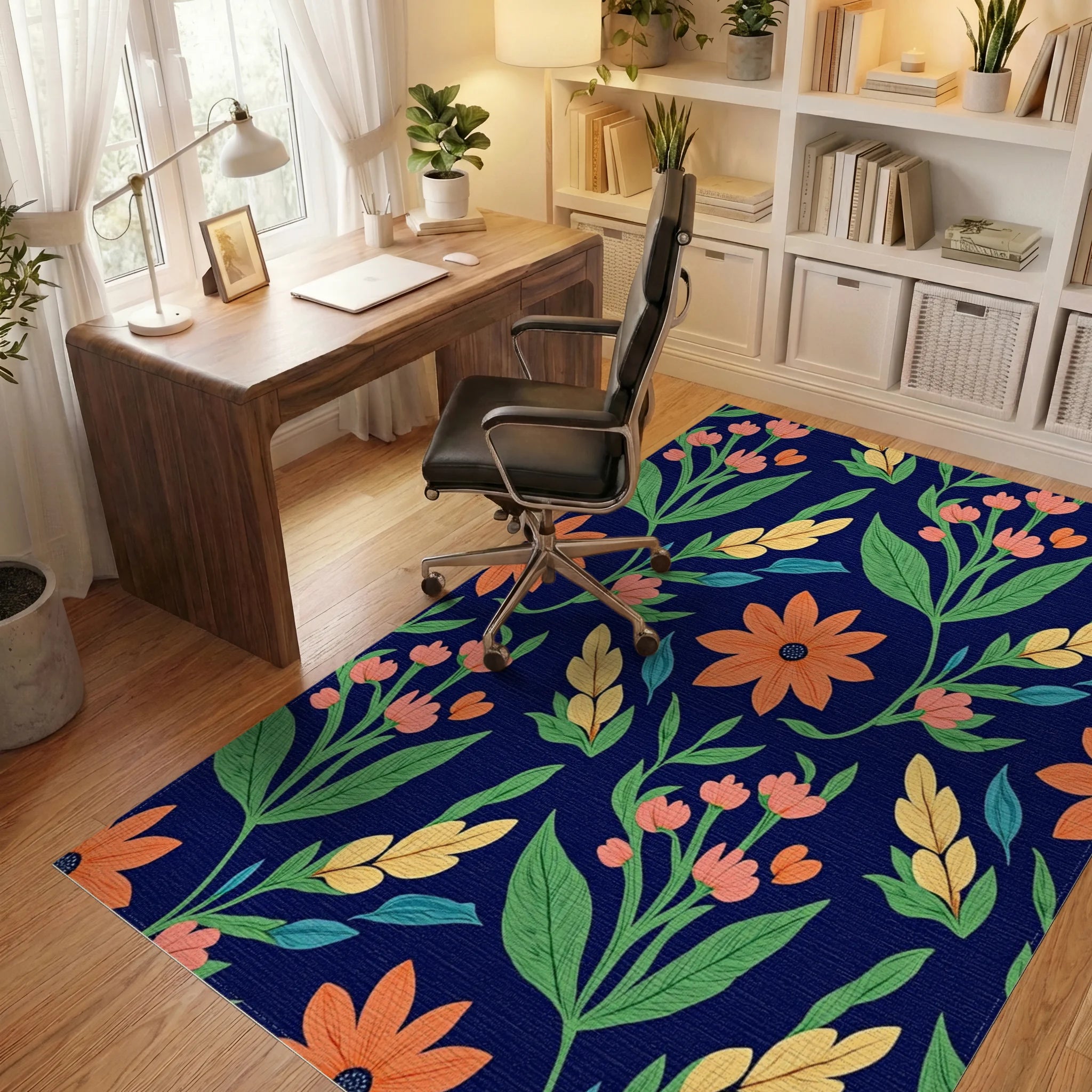 Coral Orange Floral Vine Garden Rug Office View