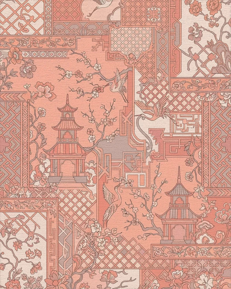 Coral Pagoda Crane Blossom Collage Rug - Cutout View