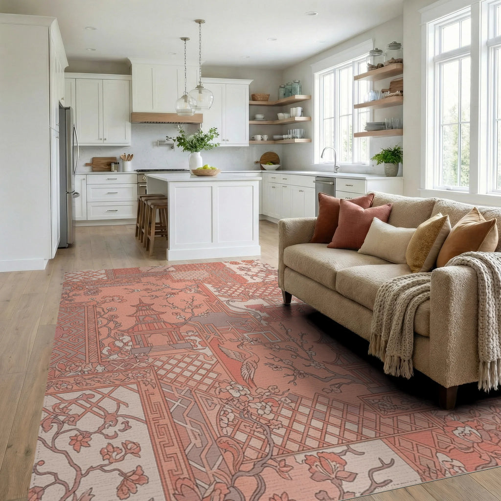 Coral Pagoda Crane Blossom Collage Rug Living Room View