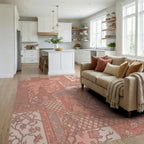 Coral Pagoda Crane Blossom Collage Rug Living Room View