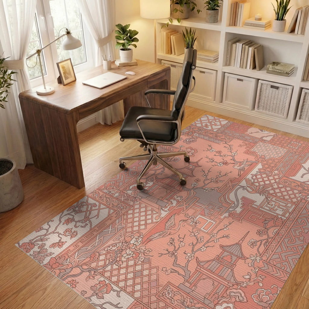 Coral Pagoda Crane Blossom Collage Rug Office View