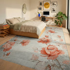 Coral Peony Floral Branches Rug - Bedroom View