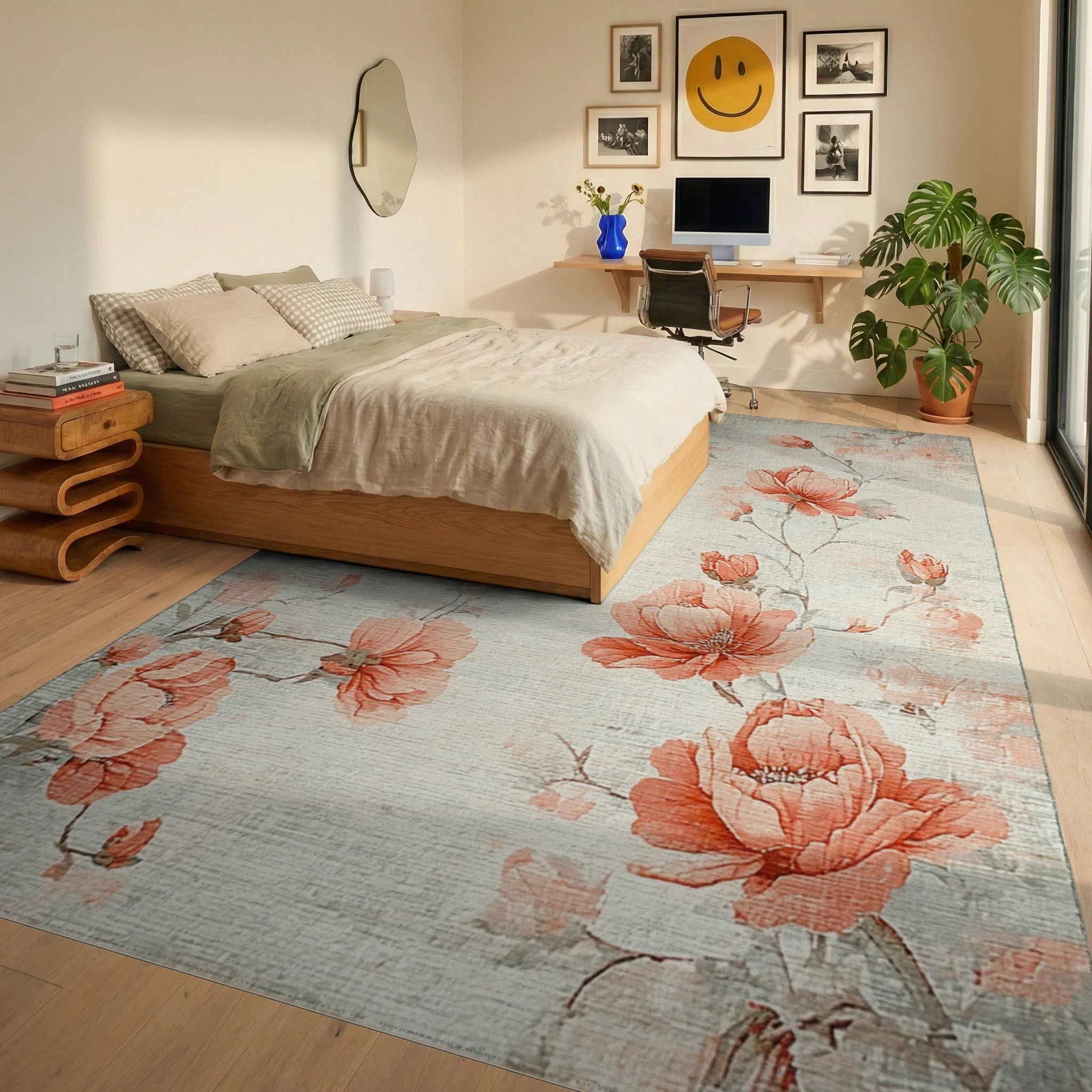 Coral Peony Floral Branches Rug - Bedroom View