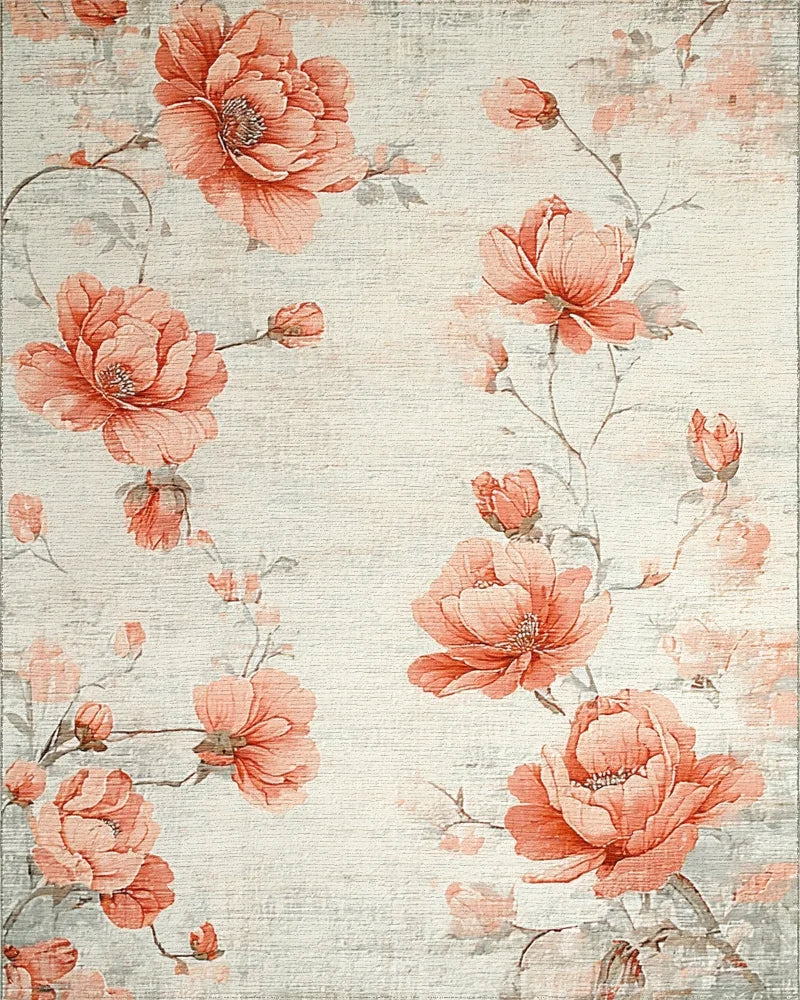 Coral Peony Floral Branches Rug - Cutout View