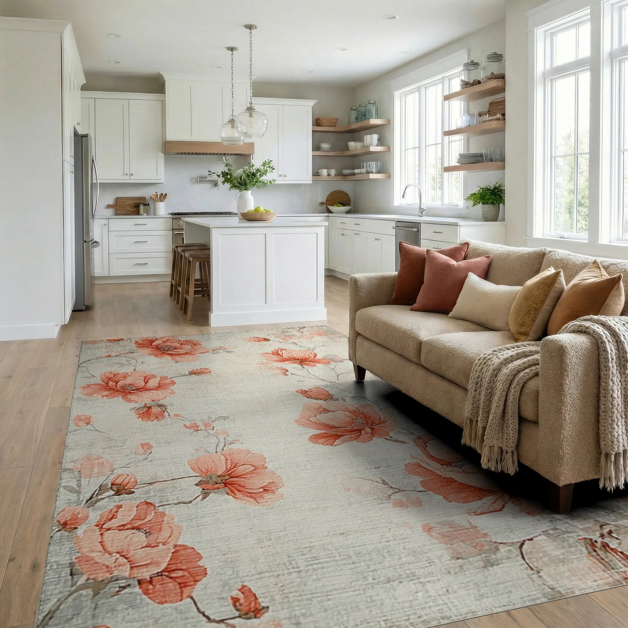 Coral Peony Floral Branches Rug - Living Room View