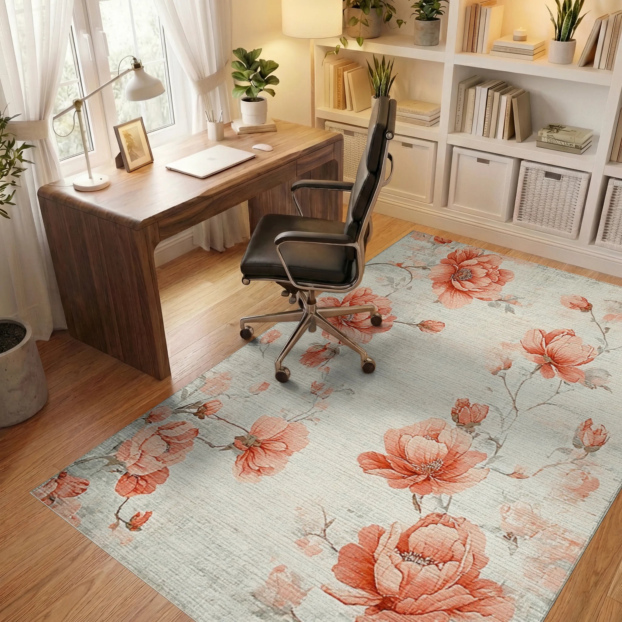 Coral Peony Floral Branches Rug - Office View