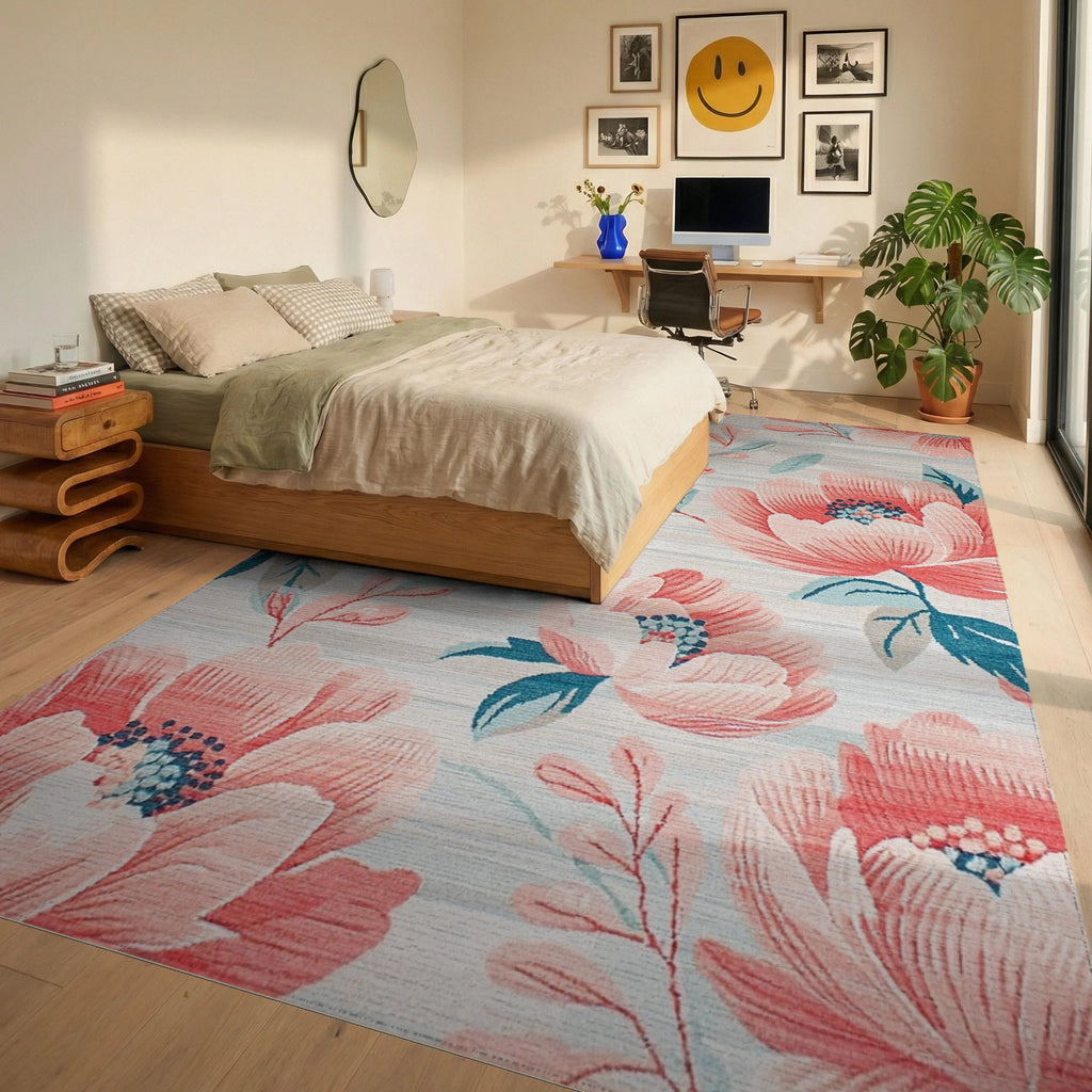 Coral Peony Garden With Blue Accents Rug - Bedroom View