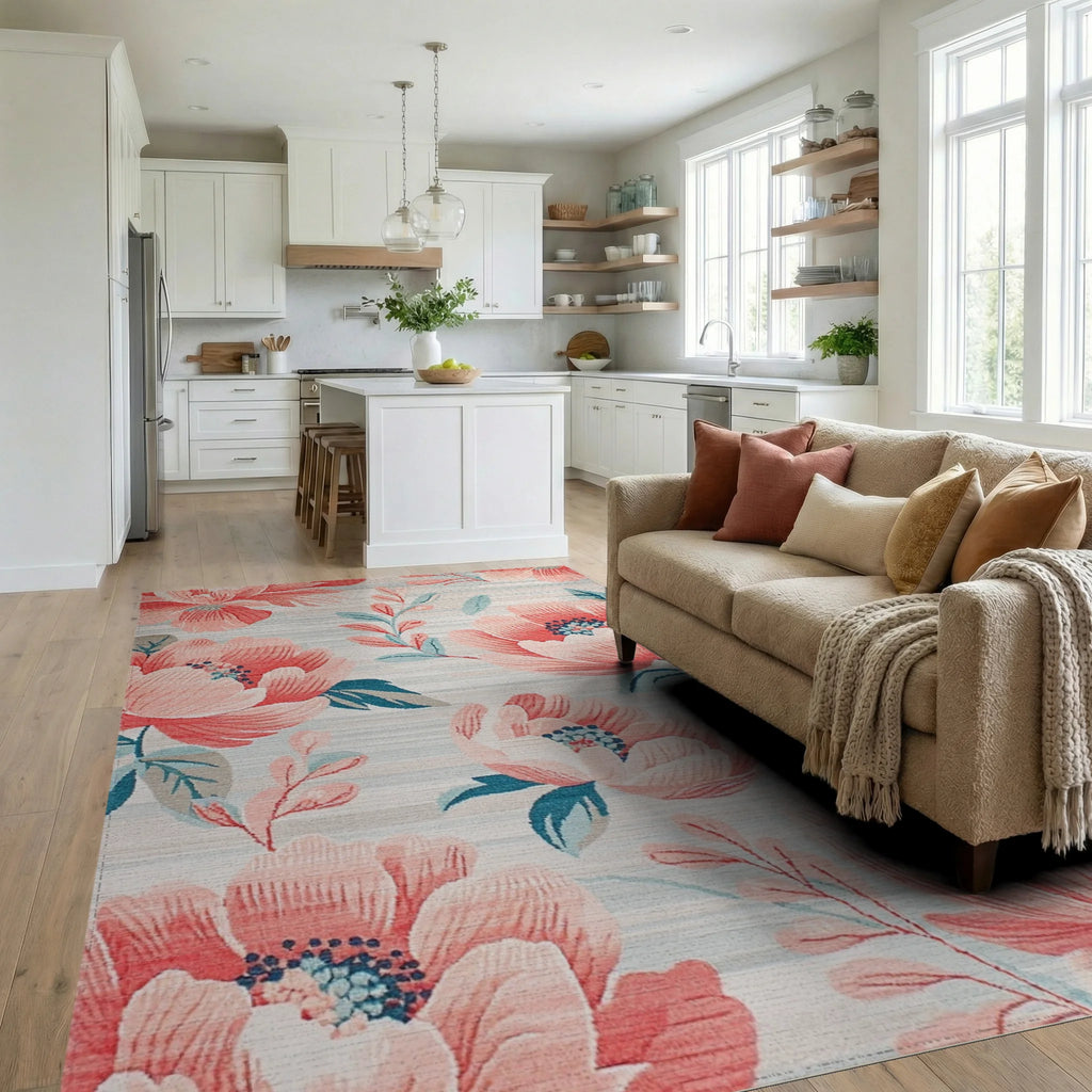 Coral Peony Garden With Blue Accents Rug - Living Room View